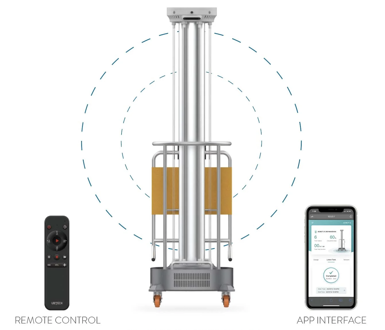 El Adibot S cuenta con un control remoto para prender y apagar, y una aplicación para controlar y conocer el desempeño del robot estacionario