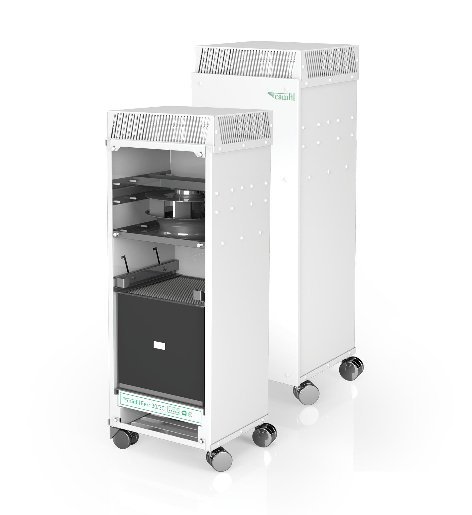 Imagen doble, interna y externa, del purificador de aire CC500 ideal para hospitales con filtro HEPA