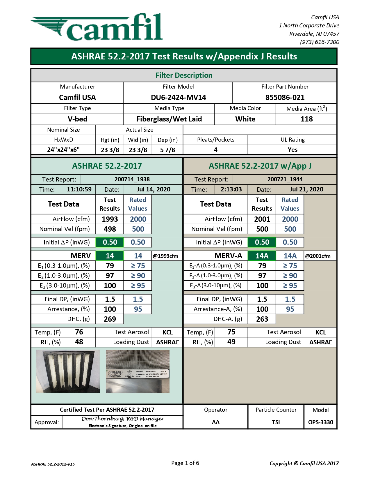 Test Report Camfil MERV Durafil Compac